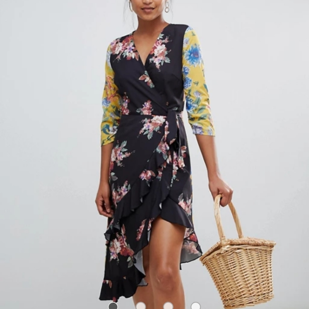 Asos mixed print floral asymmetrical wrap dress